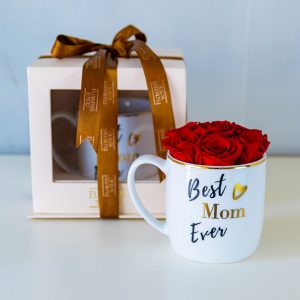 Caneca Best Mom Ever com Mini Rosas Preservadas Vermelhas